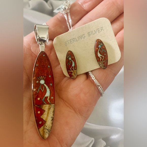 Coral & Multi Gemstone Kokopelli Earrings and Pendant on 24" adjustable SS Chain - Picture 3 of 14